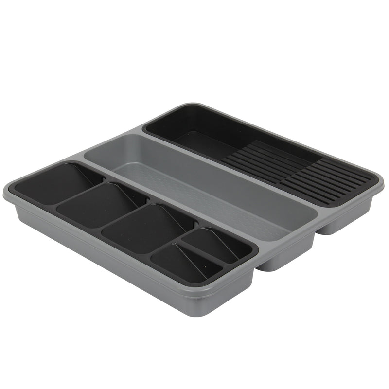 Large Cutlery Tray. 6 Compartments Kitchen Drawer Organiser. (Black & Grey)