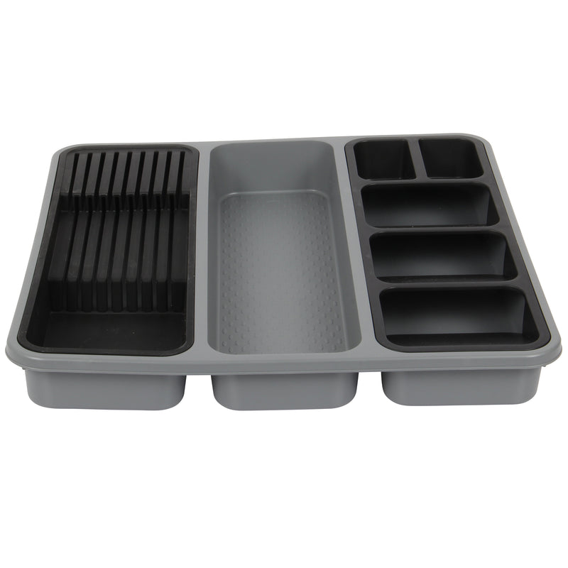 Large Cutlery Tray. 6 Compartments Kitchen Drawer Organiser. (Black & Grey)