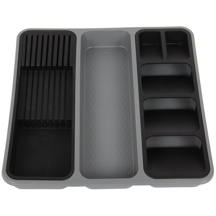 Large Cutlery Tray. 6 Compartments Kitchen Drawer Organiser. (Black & Grey)