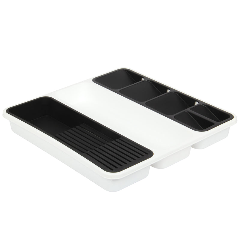 Large Cutlery Tray. 6 Compartments Kitchen Drawer Organiser. (Black & White)