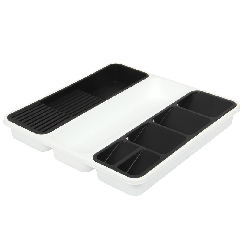 Large Cutlery Tray. 6 Compartments Kitchen Drawer Organiser. (Black & White)