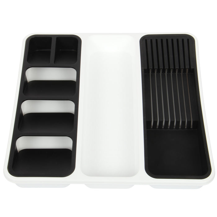Large Cutlery Tray. 6 Compartments Kitchen Drawer Organiser. (Black & White)