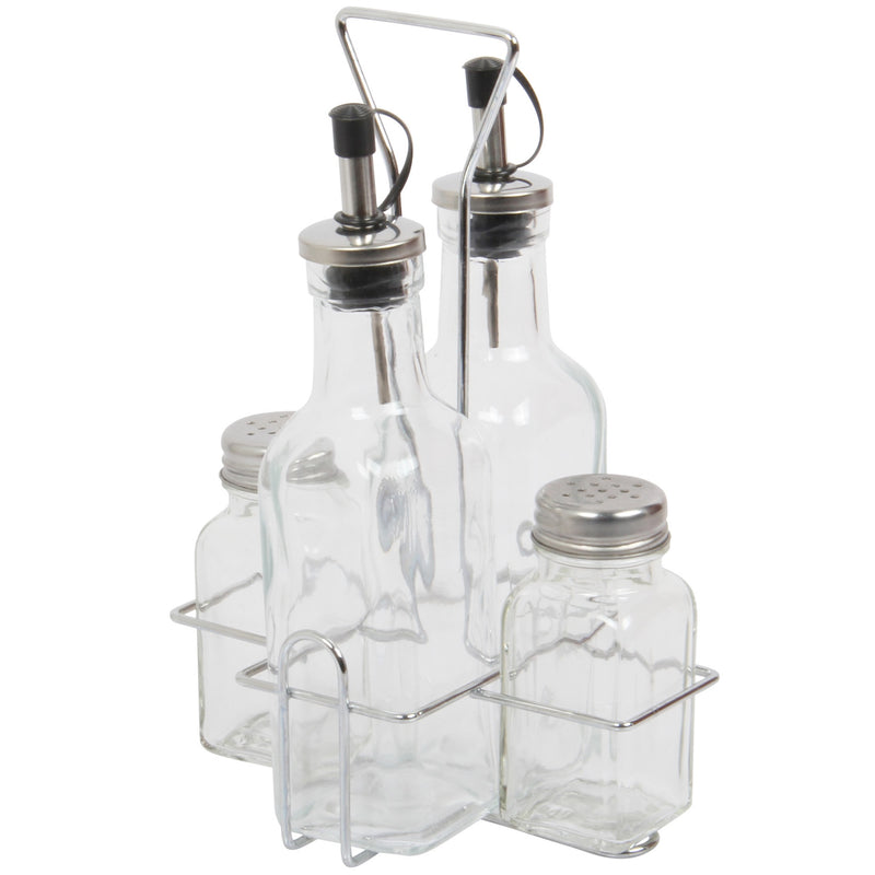 4 Piece Condiment Set. Salt, Pepper, Oil & Vinegar. Glass Cruet Set.