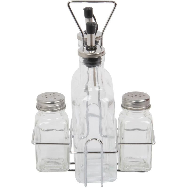 4 Piece Condiment Set. Salt, Pepper, Oil & Vinegar. Glass Cruet Set.