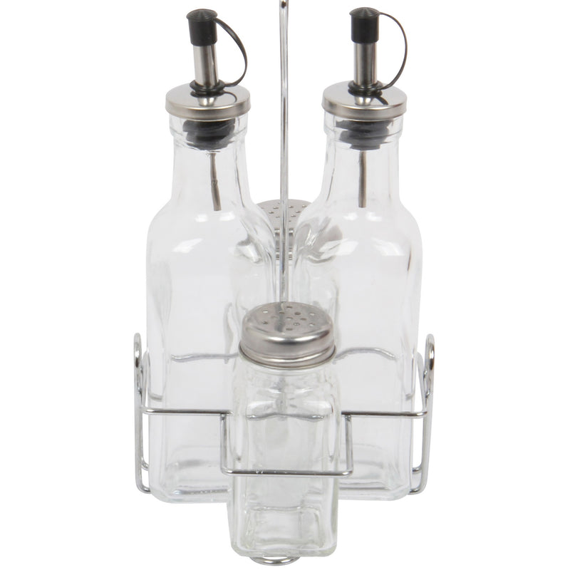 4 Piece Condiment Set. Salt, Pepper, Oil & Vinegar. Glass Cruet Set.