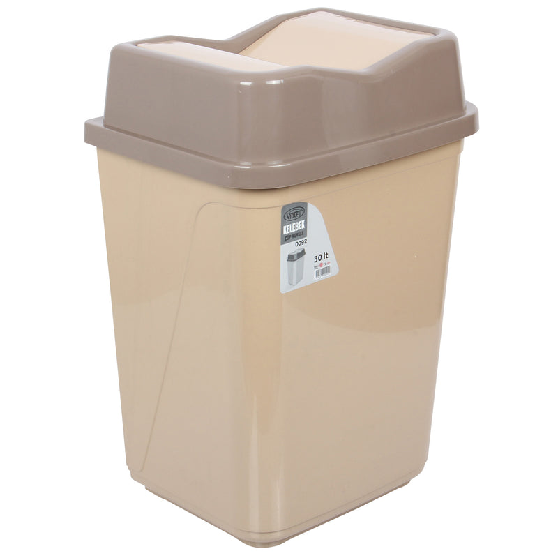 30 Litre Butterfly Swing Bin. Lidded Dustbin. Plastic Rubbish Waste Bin. (Beige)