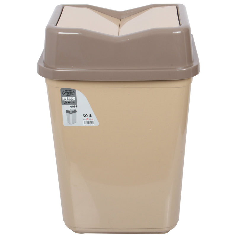 30 Litre Butterfly Swing Bin. Lidded Dustbin. Plastic Rubbish Waste Bin. (Beige)
