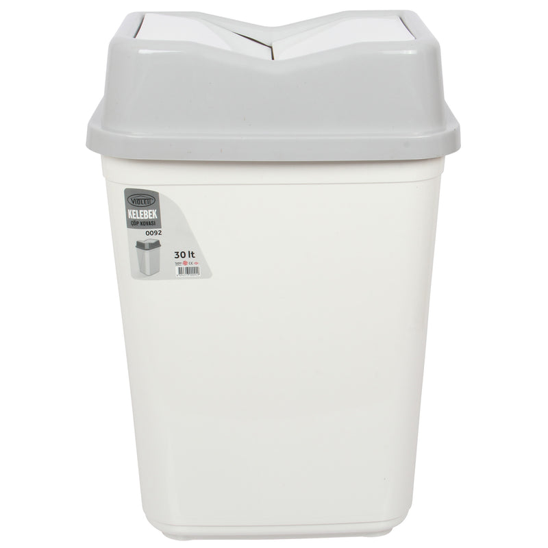 30 Litre Butterfly Swing Bin. Lidded Dustbin. Plastic Rubbish Waste Bin. (White)
