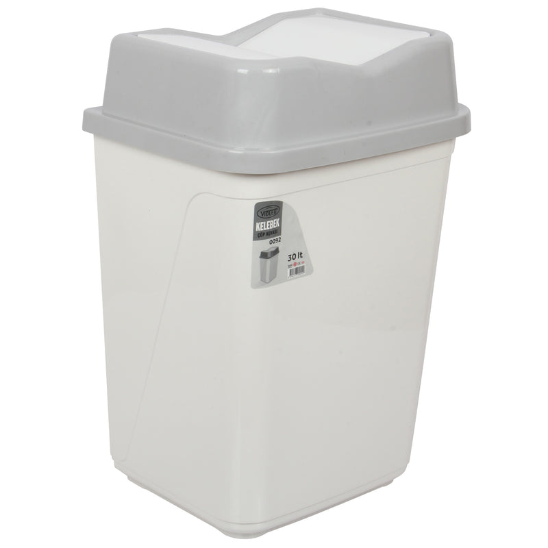 30 Litre Butterfly Swing Bin. Lidded Dustbin. Plastic Rubbish Waste Bin. (White)