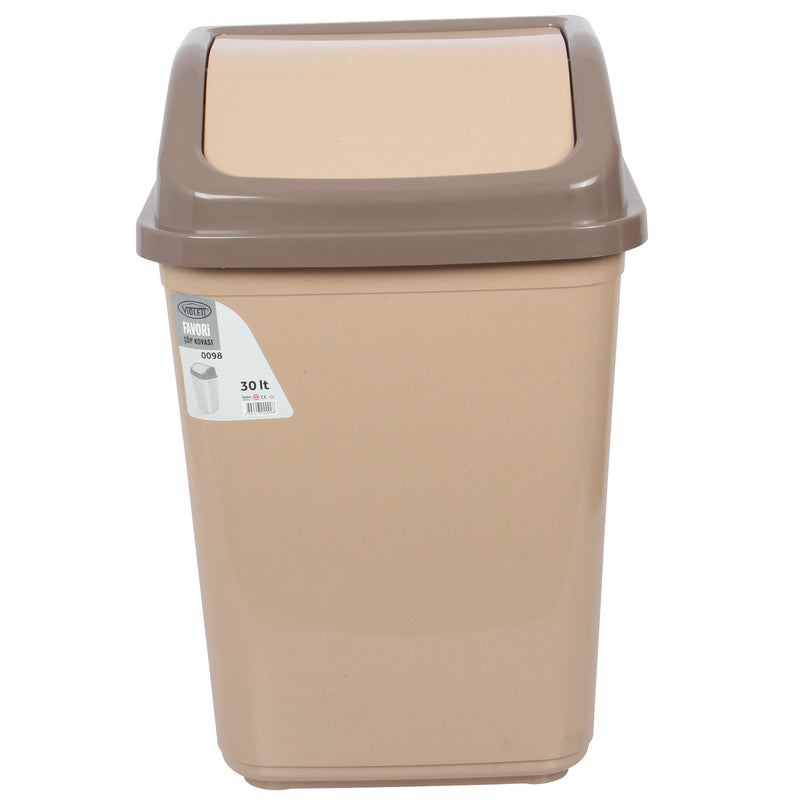 Swing Bin Lidded Dustbin. Plastic Rubbish Waste Bin. (30 Litre) (Beige)