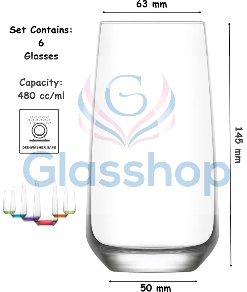 Coloured Base Hiball Tumbler Drinking Glasses. (Pack of 6) (480 cc/ml)