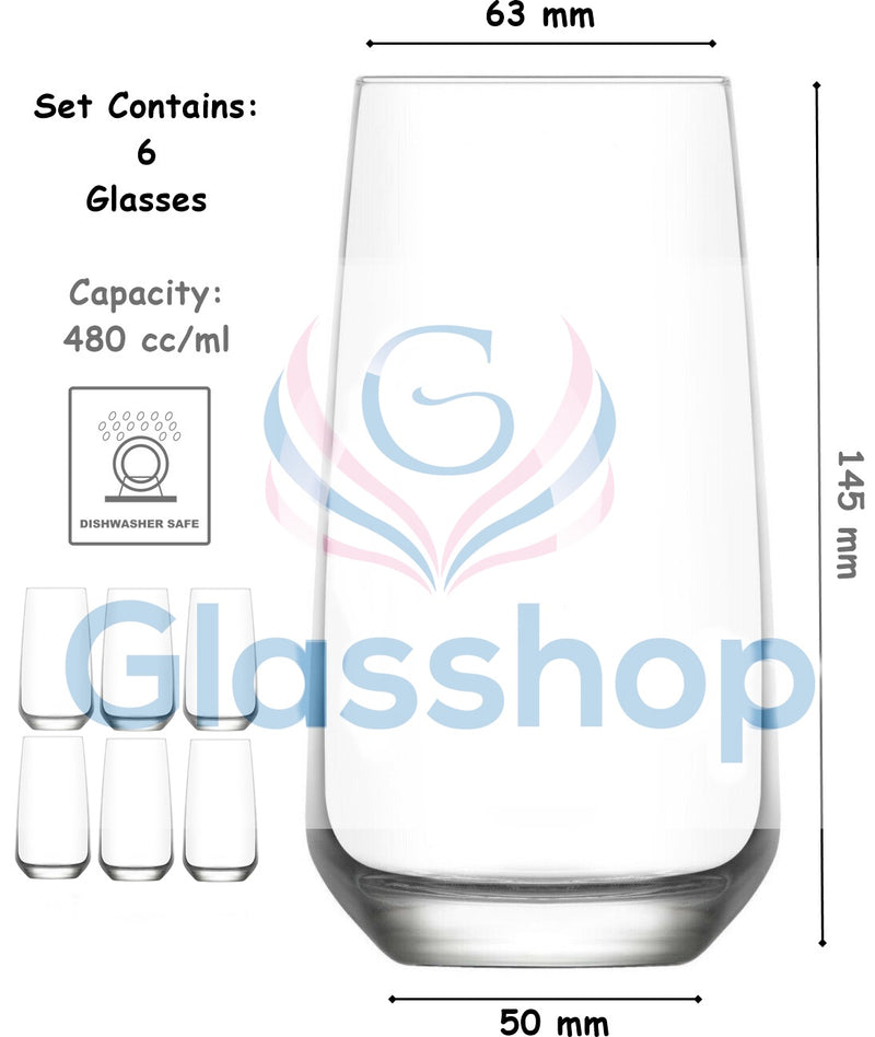 Hiball Clear Glasses. Tall Drinking Water / Juice Glass. (Set of 6) 480 ml.