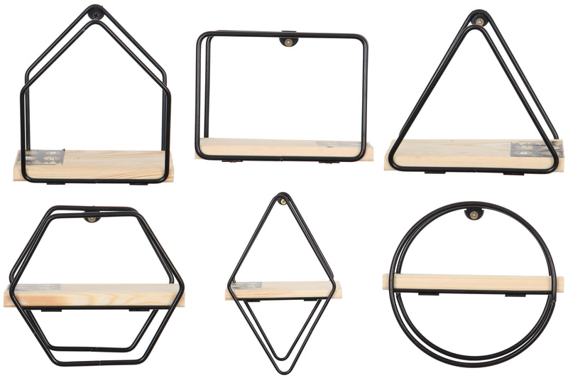 6 Pcs Different Style Miniature Decorative Wall Shelf Set. (Black & Solid Wood).