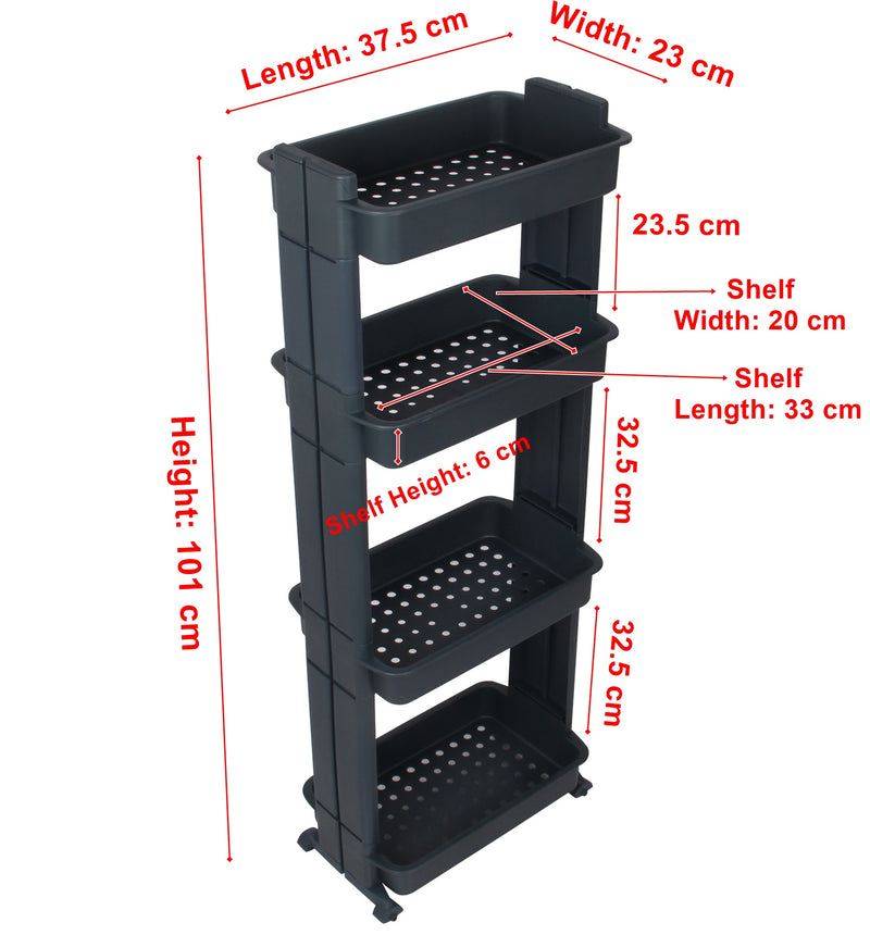 4 Tier Slide Out Troley Rack Shelf Holder with Wheel. Kitchen Bathroom Organizer.
