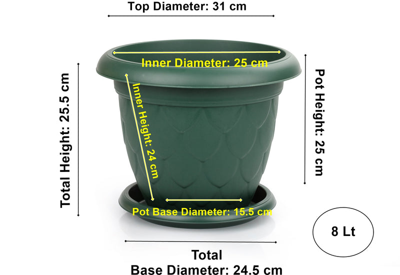 Plastic Round Flower Pot and Saucer. Waterdrop Decor In/Out Planter Plant Pot.