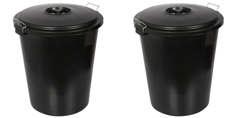 2x 90L Heavy Duty Garden Rubbish Refuse Bin. Metal Handles with Clip Lid. (Black)