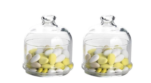 2x Glass Food Patisserie Jar with Domed Lid. Cake Macaron Cookie Containers.