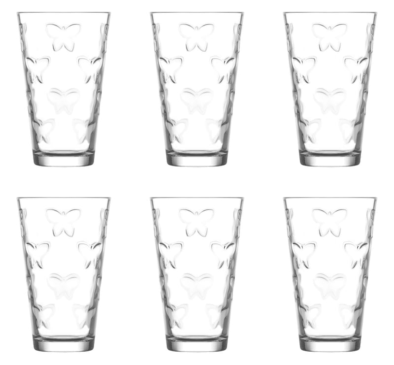 Highball Everyday Drinking Glasses. Butterfly Embossed Glass. (Set of 6) (325ml)