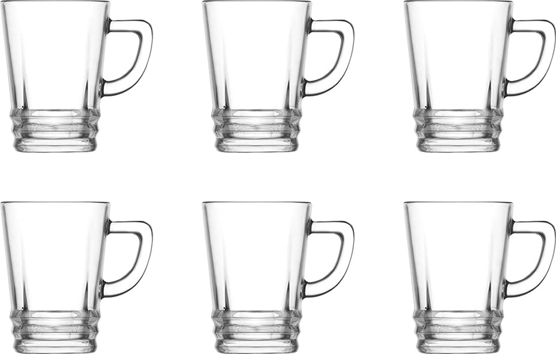Glass Coffee Mugs. Tea Coffee Cups with Handle. Glass Mug. (Pack of 6) (225 ml)