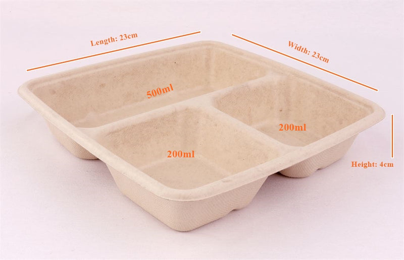 Sabert 3 Comp. Square Pulp Container. PUL49348 (900ml) (23 x 23 cm) (Box of 300)