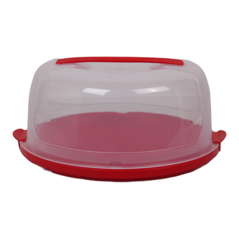 Round Cake Carrier. Plastic Clear Cake Storage Box. (Red)