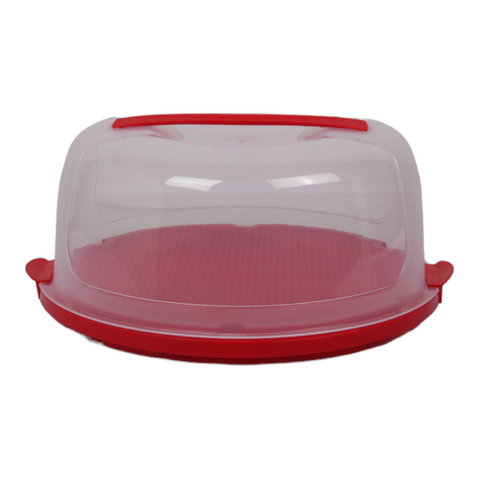 Round Cake Carrier. Plastic Clear Cake Storage Box. (Red)