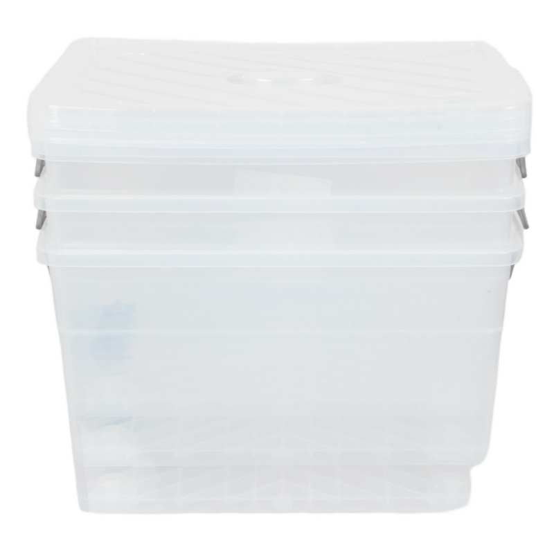 Large 55L Plastic Storage Box. Clear Storage Box with Wheels and Lid. Nestable Box.