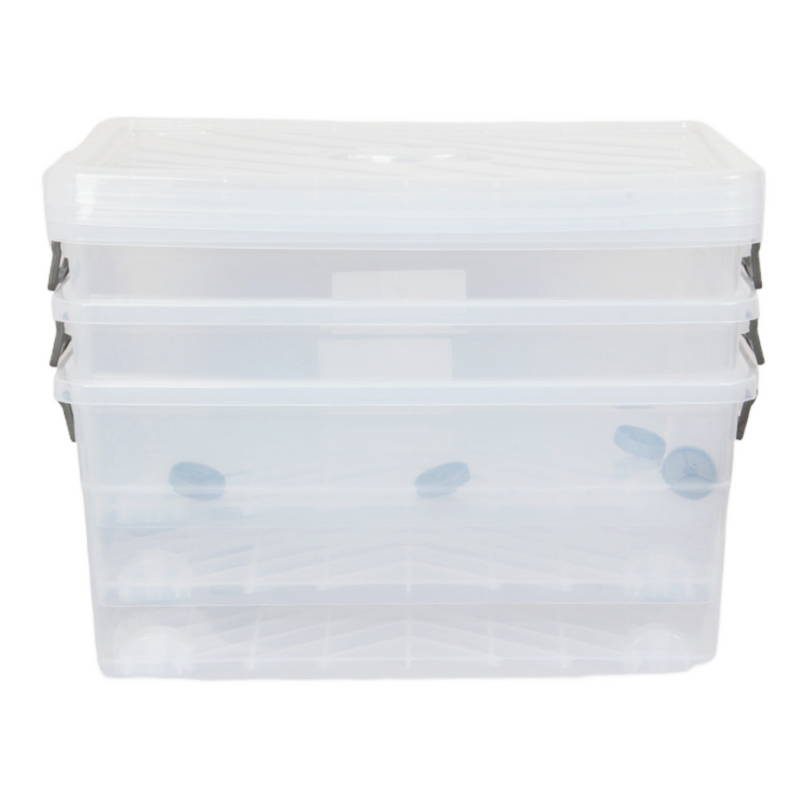 Wheeled Storage Box with Lid. (40L) Plastic Stackable Organizing Box. (Clear)