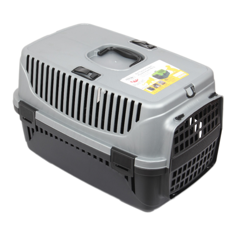 Plastic Pet Carrier. Pet Carrying Case. (Black & Grey)