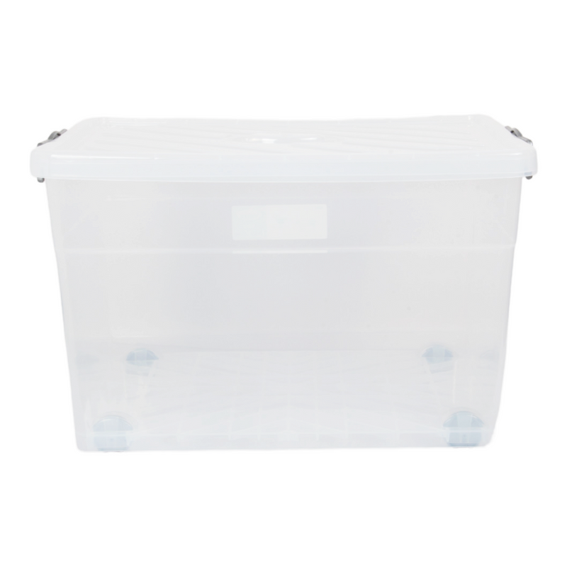 Large 55L Plastic Storage Box. Clear Storage Box with Wheels and Lid. Nestable Box.
