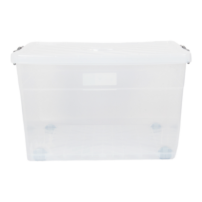 Large 55L Plastic Storage Box. Clear Storage Box with Wheels and Lid. Nestable Box.