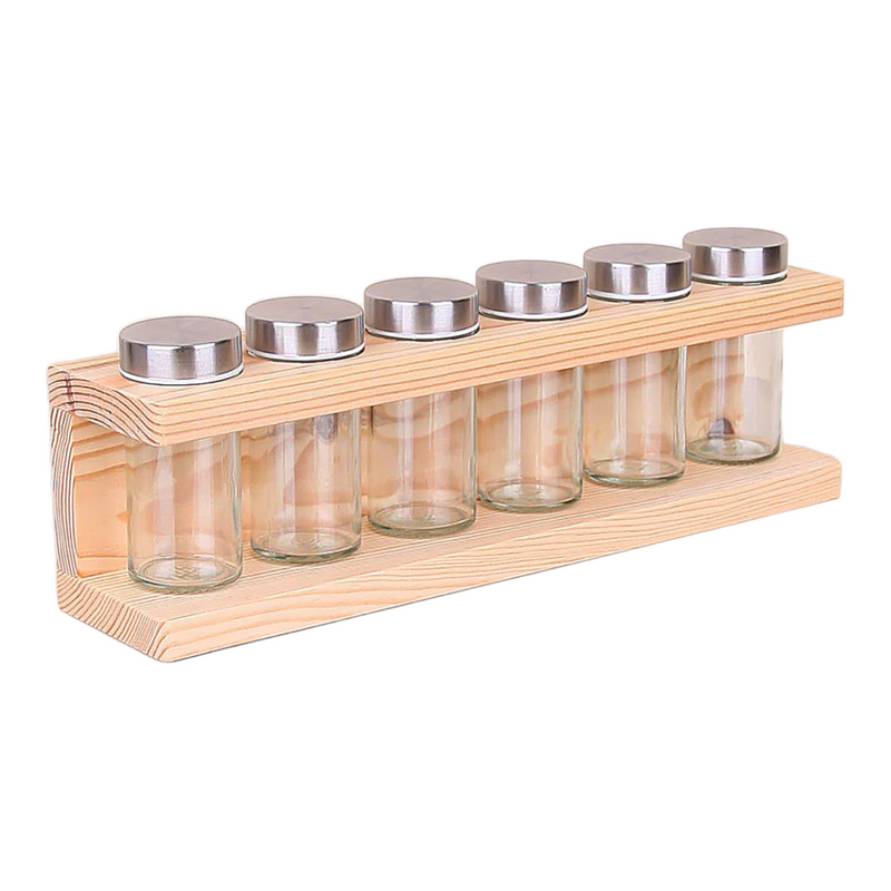 Glass Spice Jar with Wooden Bamboo Holder. Chrome Lid Spice Jars. (6 pcs)