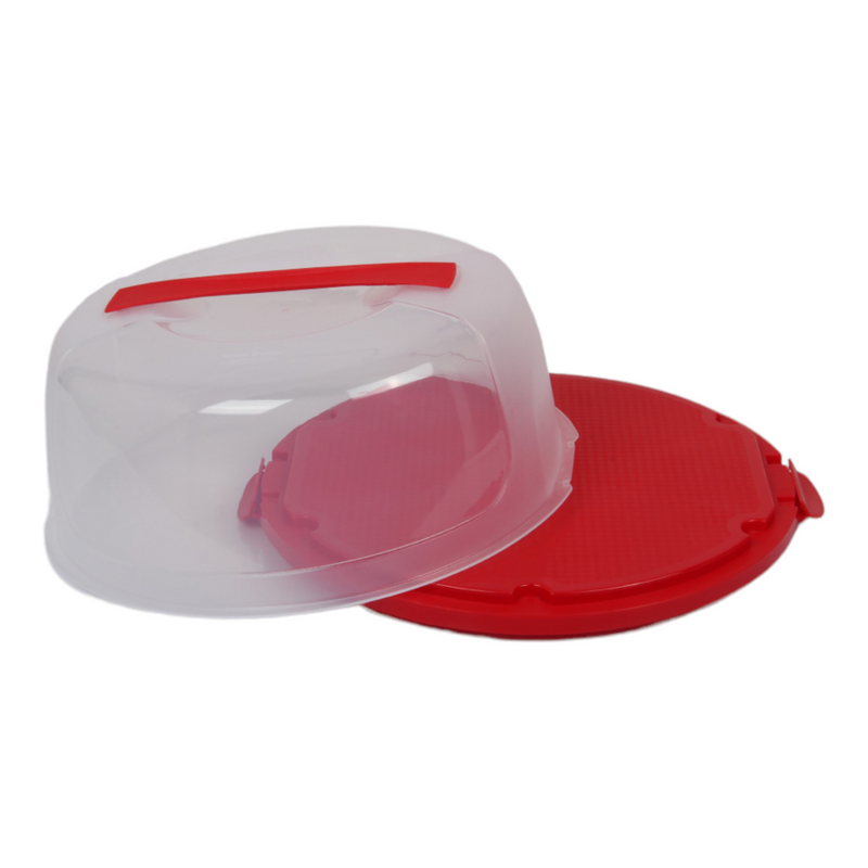 Round Cake Carrier. Plastic Clear Cake Storage Box. (Red)