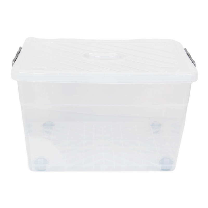 Large 55L Plastic Storage Box. Clear Storage Box with Wheels and Lid. Nestable Box.