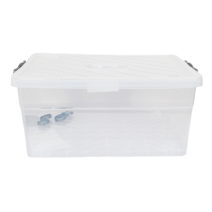 Wheeled Storage Box with Lid. (40L) Plastic Stackable Organizing Box. (Clear)
