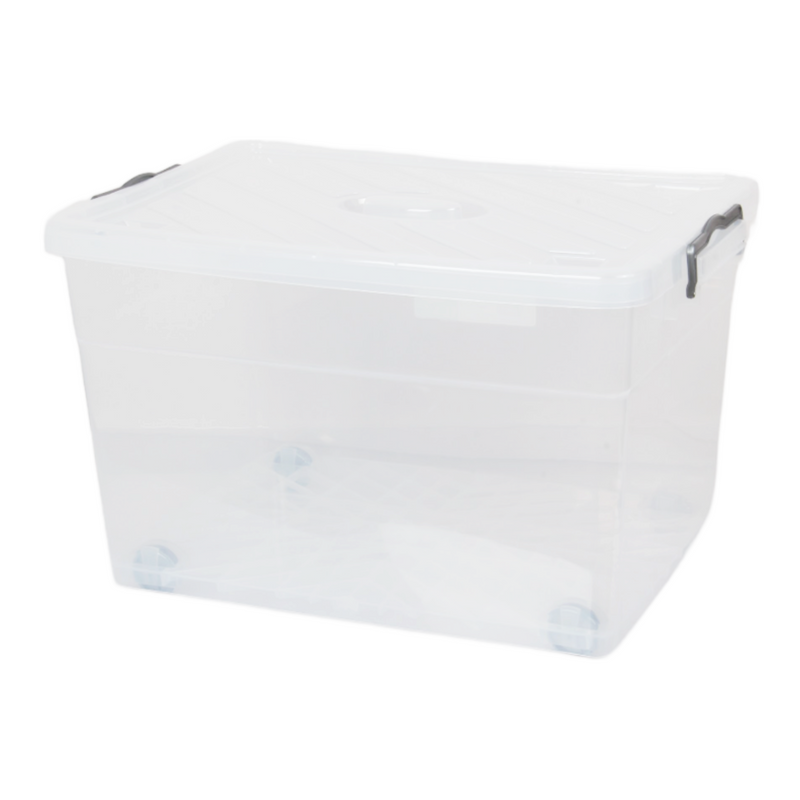 Large 55L Plastic Storage Box. Clear Storage Box with Wheels and Lid. Nestable Box.