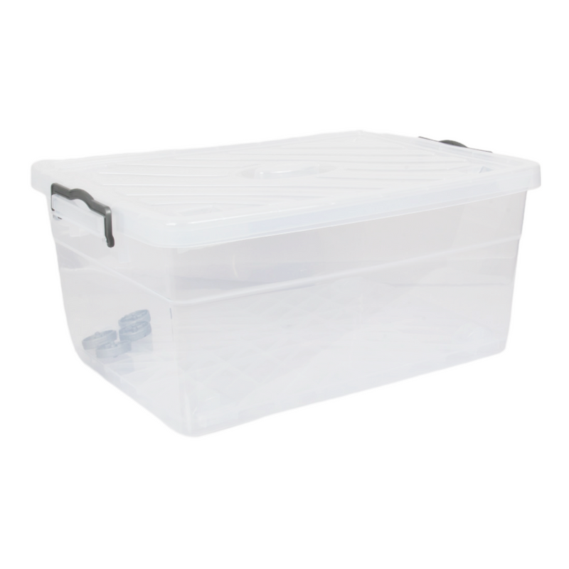 Wheeled Storage Box with Lid. (40L) Plastic Stackable Organizing Box. (Clear)