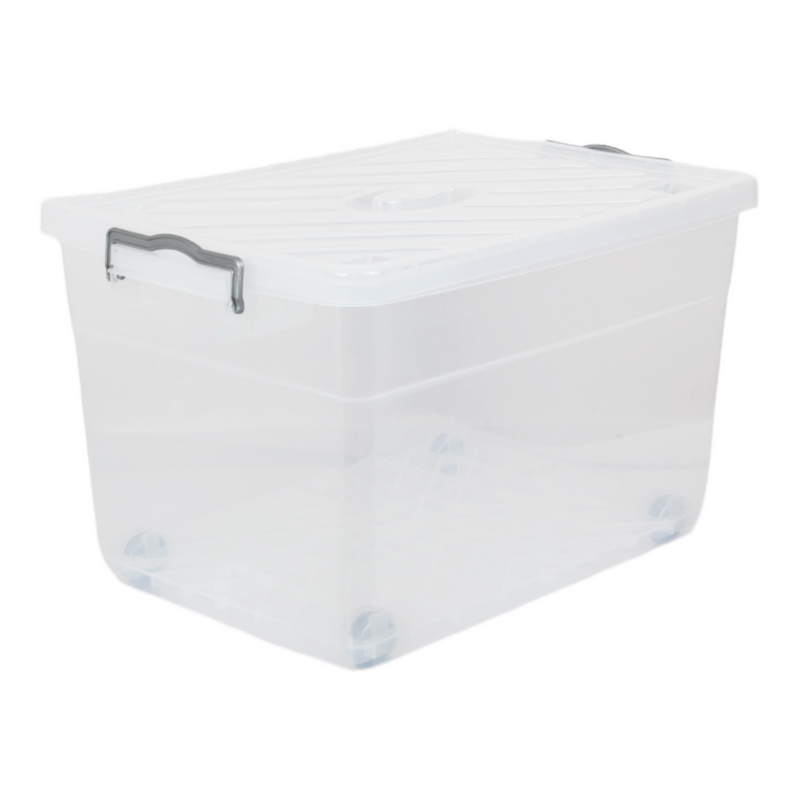 Large 55L Plastic Storage Box. Clear Storage Box with Wheels and Lid. Nestable Box.