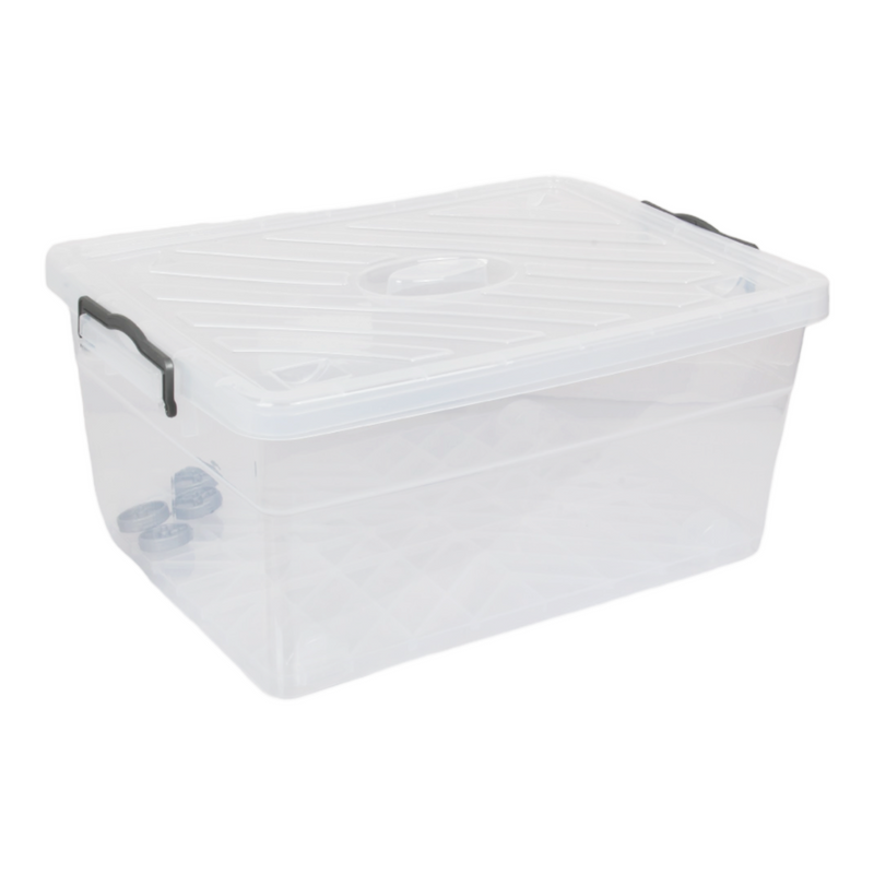 Wheeled Storage Box with Lid. (40L) Plastic Stackable Organizing Box. (Clear)