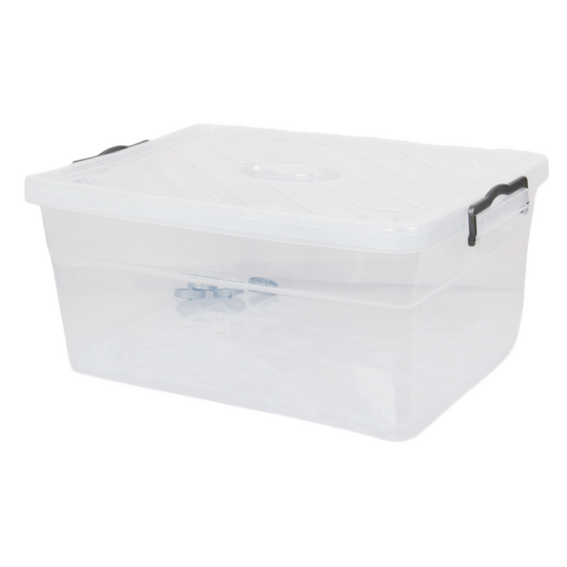 Wheeled Storage Box with Lid. (40L) Plastic Stackable Organizing Box. (Clear)