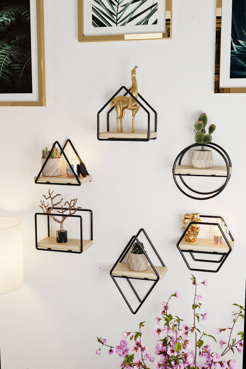 6 Pcs Different Style Miniature Decorative Wall Shelf Set. (Black & Solid Wood).