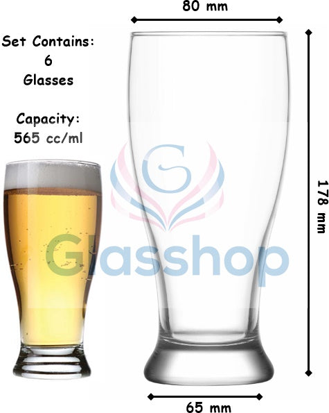 Beer Pint Glasses. Large Plain Modern Style. (565 ml / 56 cl) (Pack of 6)