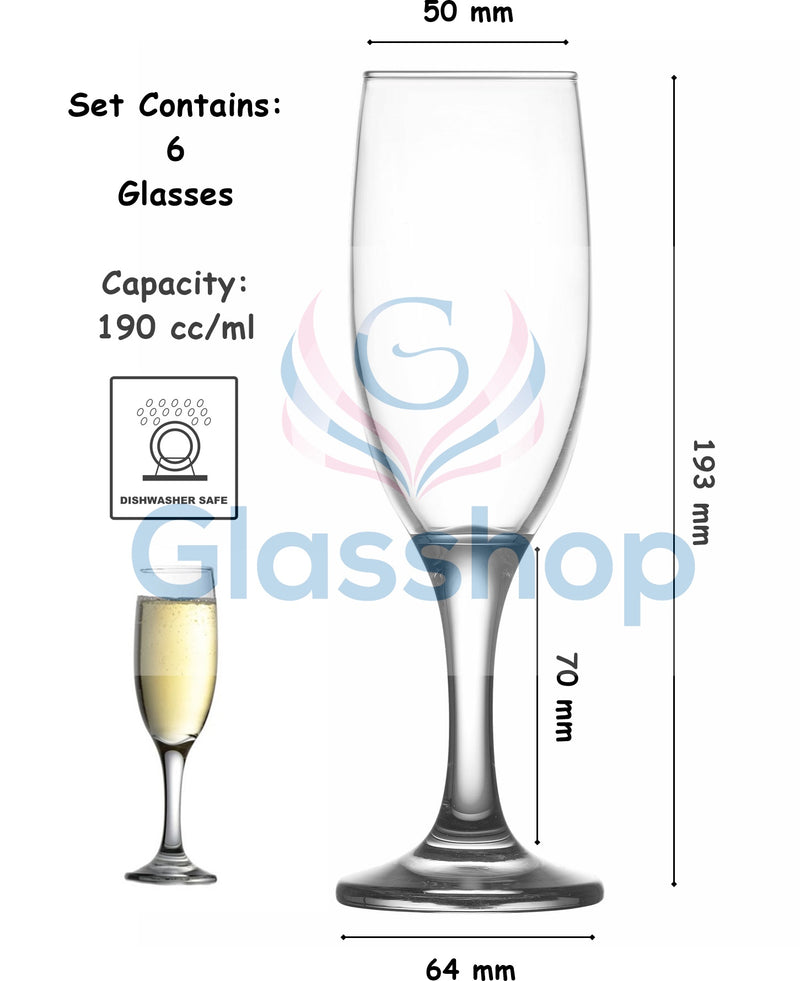 Champagne Flute Glasses. Long Steam Prosecco Glass. Party Drinkware. (Pack of 6)