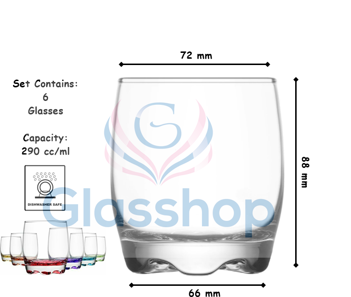 Coloured Base Tumbler Glasses Set. Juice Whiskey Drinking Glass. (Pack of 6)