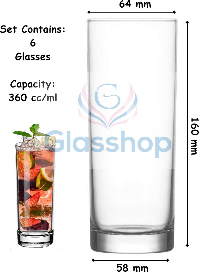 Hiball Clear Glasses. Tall Drinking Water / Juice Glass. ( Set of 6 ) 360 ml.