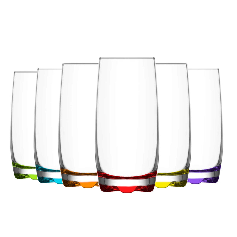Highball Cocktail Glasses. Coloured Base Highball Glass Set. (Pack of 6) (390 cc/ml)