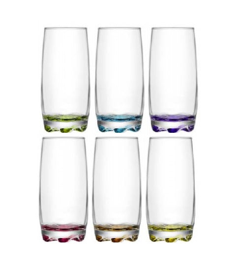Highball Cocktail Glasses. Coloured Base Highball Glass Set. (Pack of 6) (390 cc/ml)