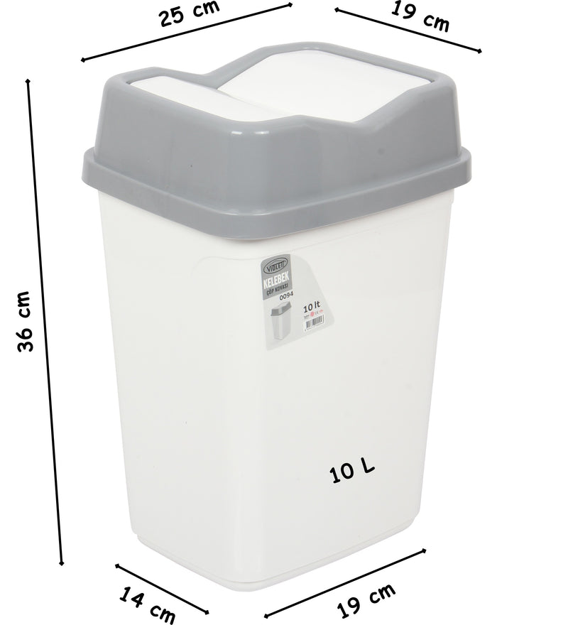 10 Litre Butterfly Swing Bin. Lidded Dustbin. Plastic Rubbish Waste Bin. (White)