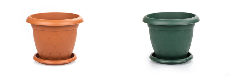Plastic Round Flower Pot and Saucer. Waterdrop Decor In/Out Planter Plant Pot.