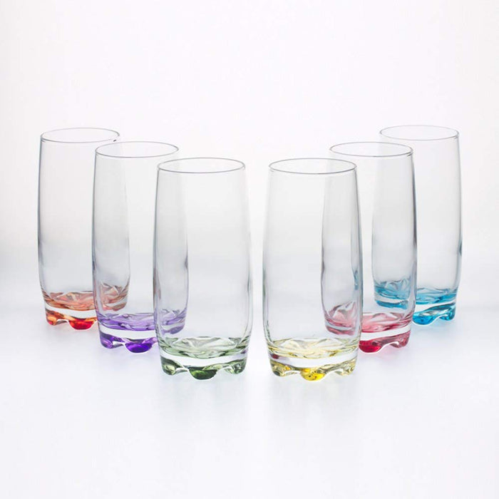 Highball Cocktail Glasses. Coloured Base Highball Glass Set. (Pack of 6) (390 cc/ml)